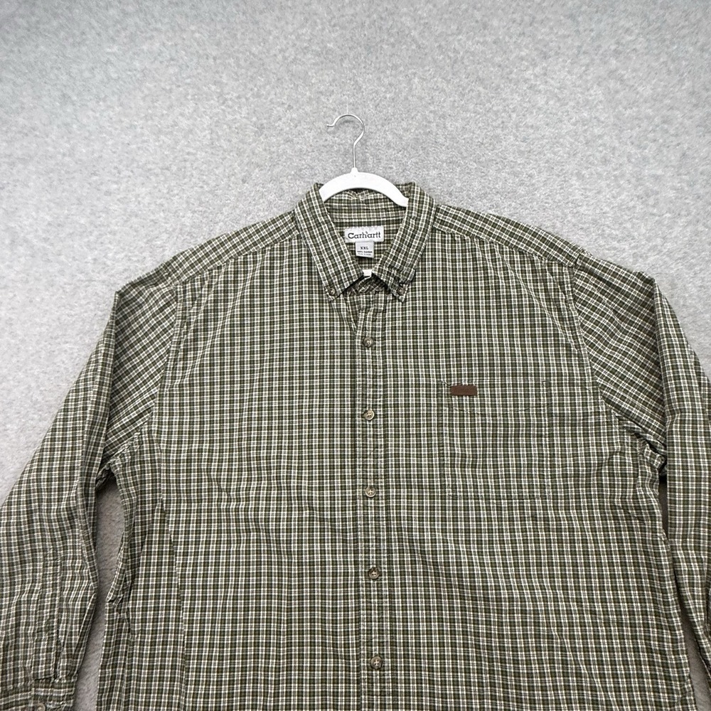 Carhartt Shirt Mens 2XL Green Beige Plaid Button Down Relaxed Fit Cotton Casual